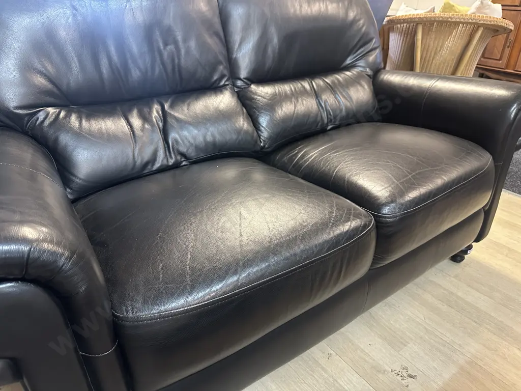 Black Leather KOVAC Ranfurly 2 Seater Sofa, Black Wooden Turned Front Feet Image 1++