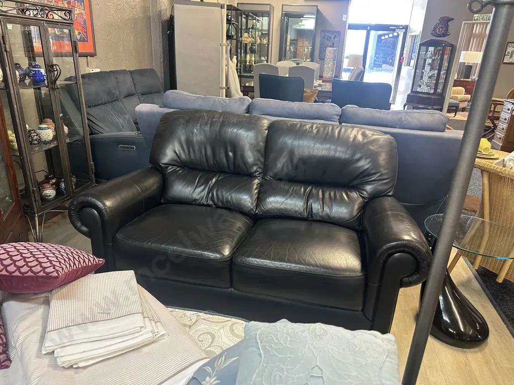 Black Leather KOVAC Ranfurly 2 Seater Sofa, Black Wooden Turned Front Feet Image 1++