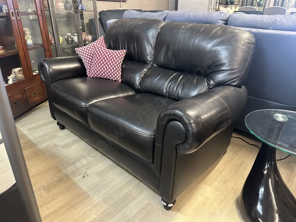 Black Leather KOVAC Ranfurly 2 Seater Sofa, Black Wooden Turned Front Feet Image 1++