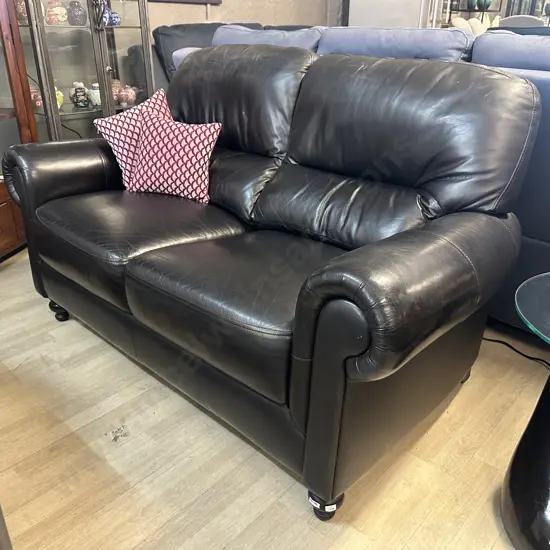 Black Leather KOVAC Ranfurly 2 Seater Sofa, Black Wooden Turned Front Feet