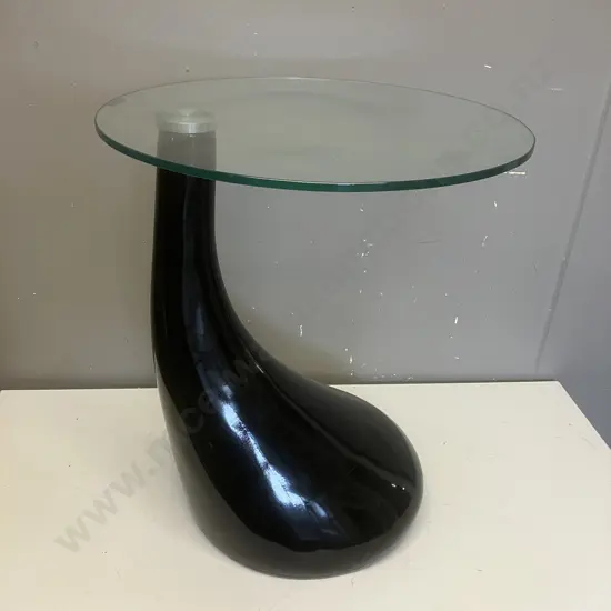Black Teardrop Side Table With Round Glass Top. 54 x 44.5cm