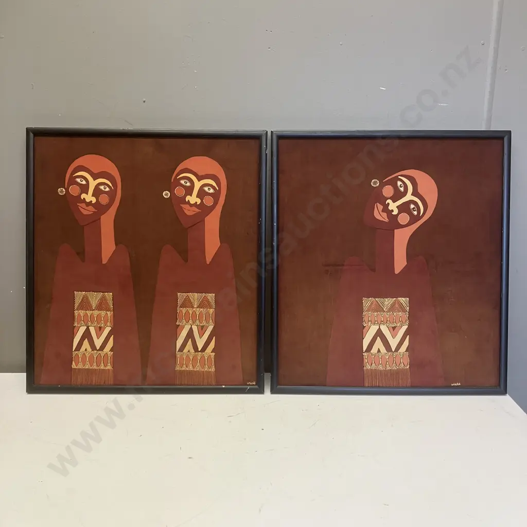 Pair of Vintage Paintings on Fabric c1970s, Signed. 49 x 44cm Image 1++