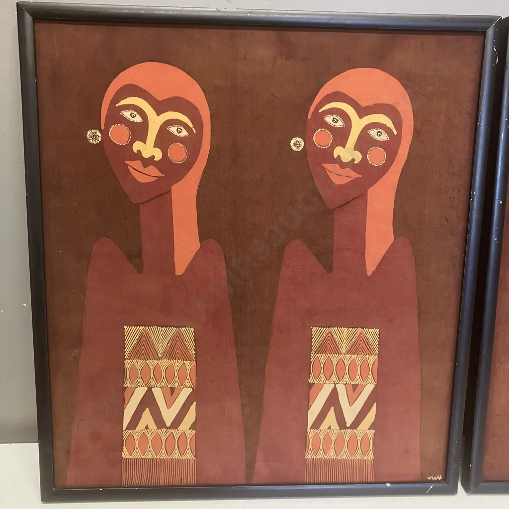 Pair of Vintage Paintings on Fabric c1970s, Signed. 49 x 44cm Image 1++