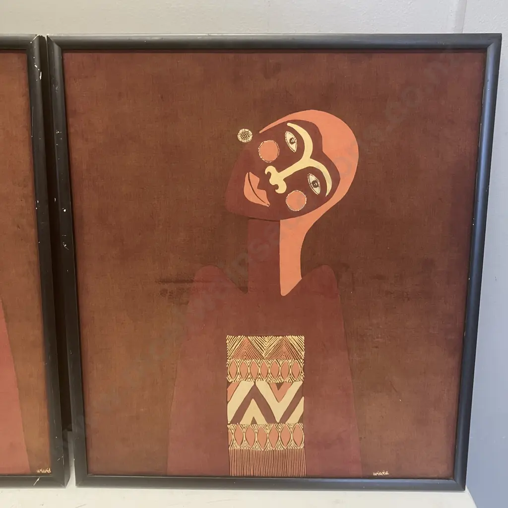 Pair of Vintage Paintings on Fabric c1970s, Signed. 49 x 44cm Image 1++