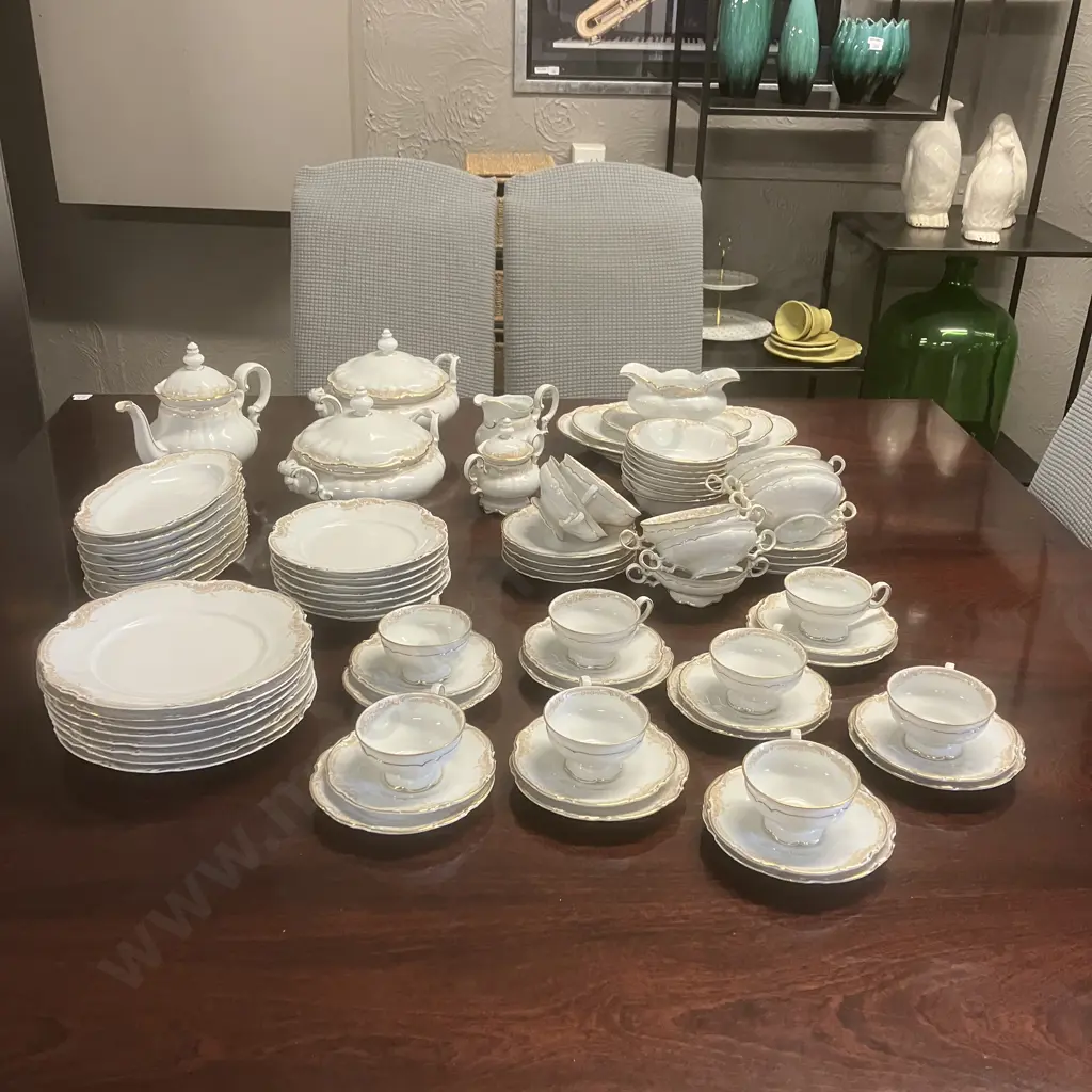 Hutschenreuther Sylvia 'Lorelei Loreley' (Gold, White) Porcelain Dinnerware, Coffee Set Etc - 81 Pieces Image 1++