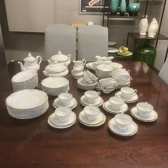 Hutschenreuther Sylvia 'Lorelei Loreley' (Gold, White) Porcelain Dinnerware, Coffee Set Etc - 81 Pieces