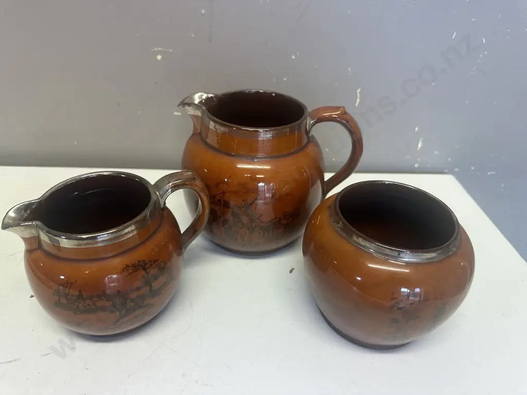 Athloware - Sports & Pastimes Brown With Black Transfer Hunting Scenes, Silver Colour Detail Rim, Jugs x 2, Vase Image 1++