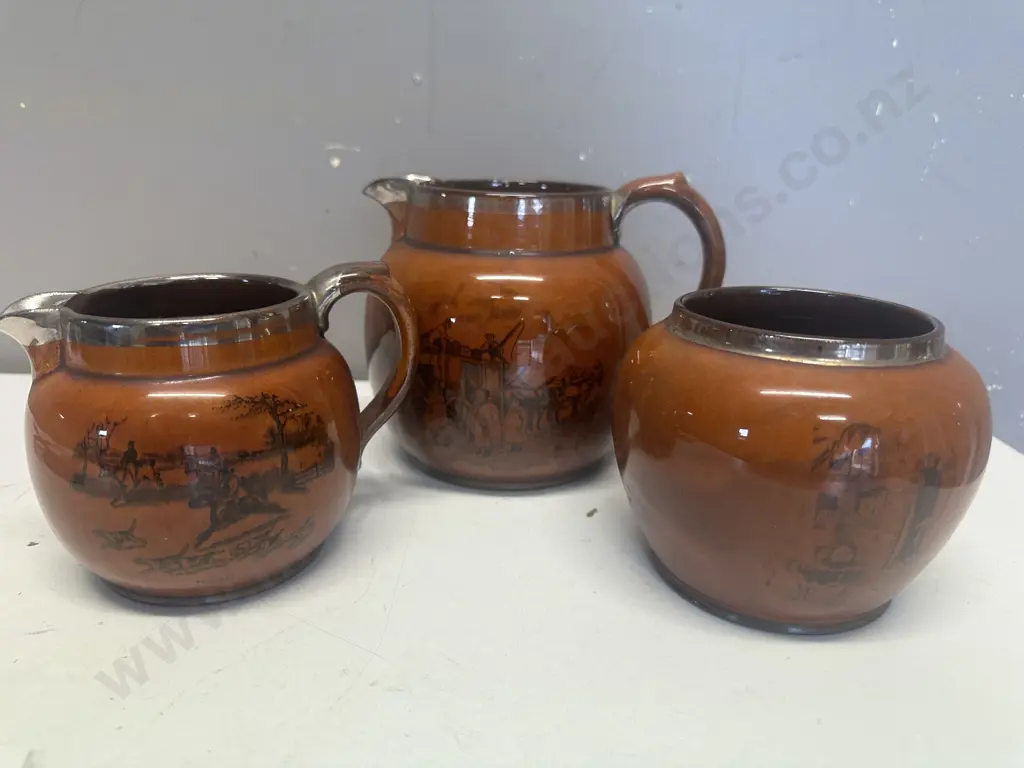 Athloware - Sports & Pastimes Brown With Black Transfer Hunting Scenes, Silver Colour Detail Rim, Jugs x 2, Vase Image 1++