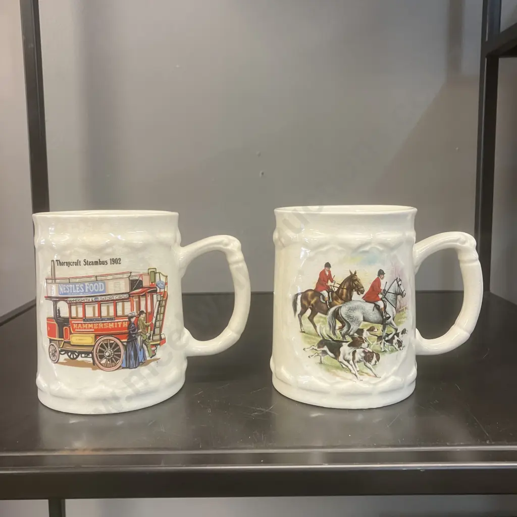 Pair of Collectable Crown Lynn Potteries Beer Steins # 1300 - Thornycroft Steambus 1902 & Old Coach House (c1980-1985) Image 1++