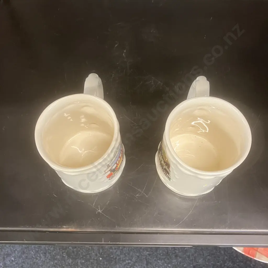 Pair of Collectable Crown Lynn Potteries Beer Steins # 1300 - Thornycroft Steambus 1902 & Old Coach House (c1980-1985) Image 1++