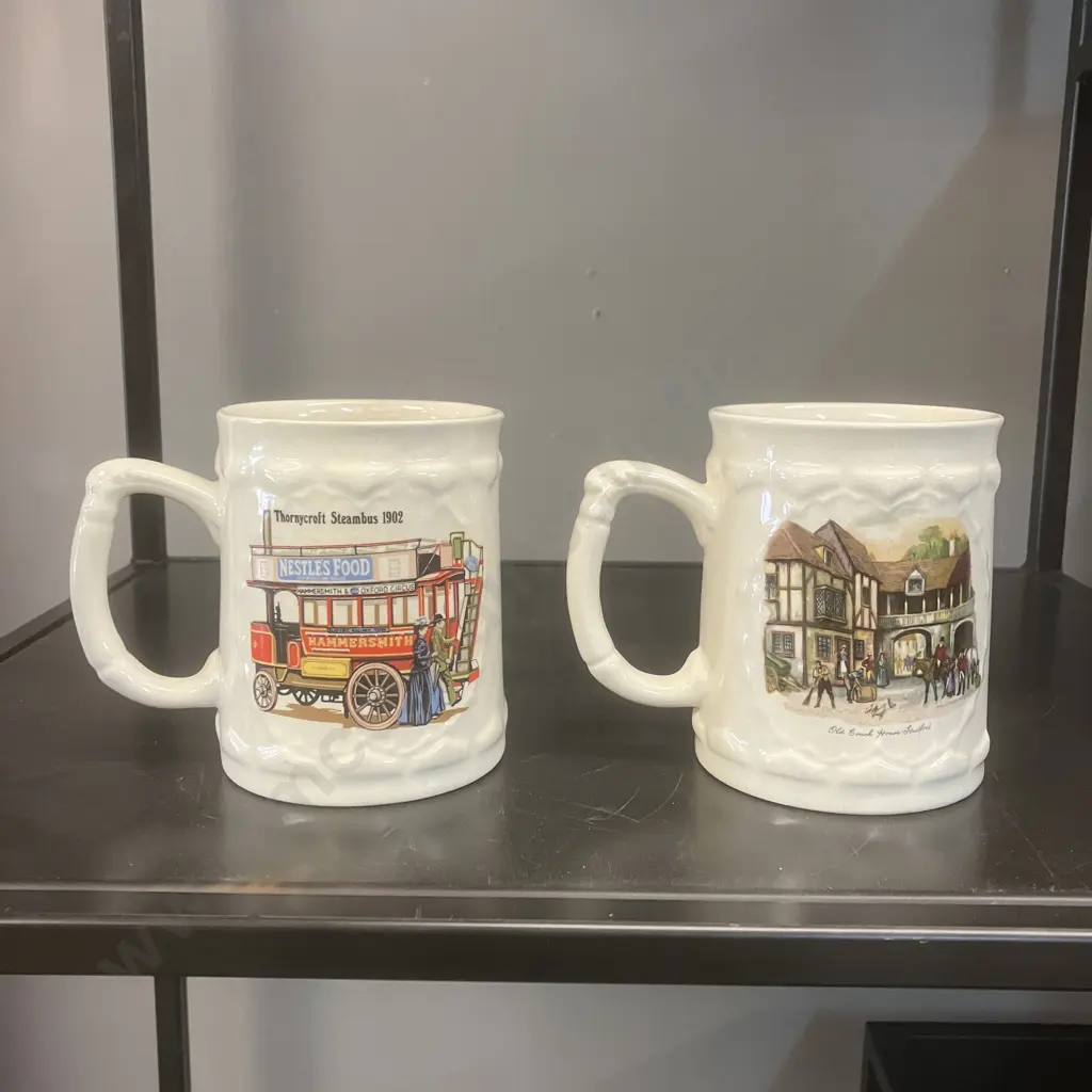 Pair of Collectable Crown Lynn Potteries Beer Steins # 1300 - Thornycroft Steambus 1902 & Old Coach House (c1980-1985) Image 1++