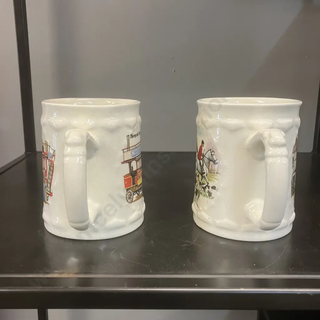 Pair of Collectable Crown Lynn Potteries Beer Steins # 1300 - Thornycroft Steambus 1902 & Old Coach House (c1980-1985) Image 1++