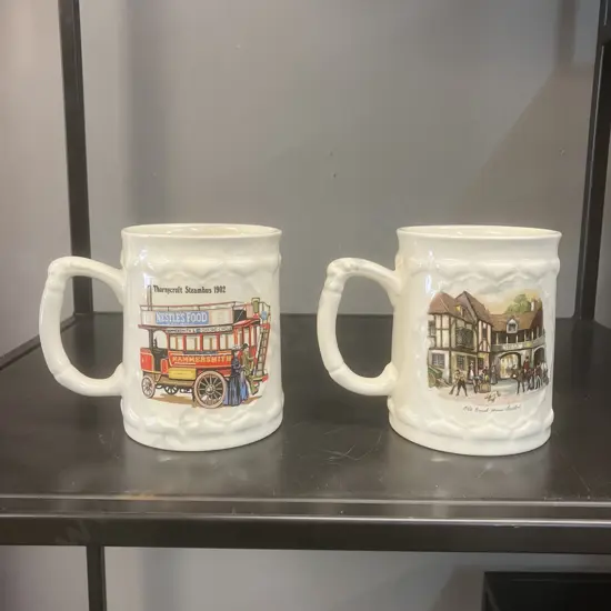 Pair of Collectable Crown Lynn Potteries Beer Steins # 1300 - Thornycroft Steambus 1902 & Old Coach House (c1980-1985)