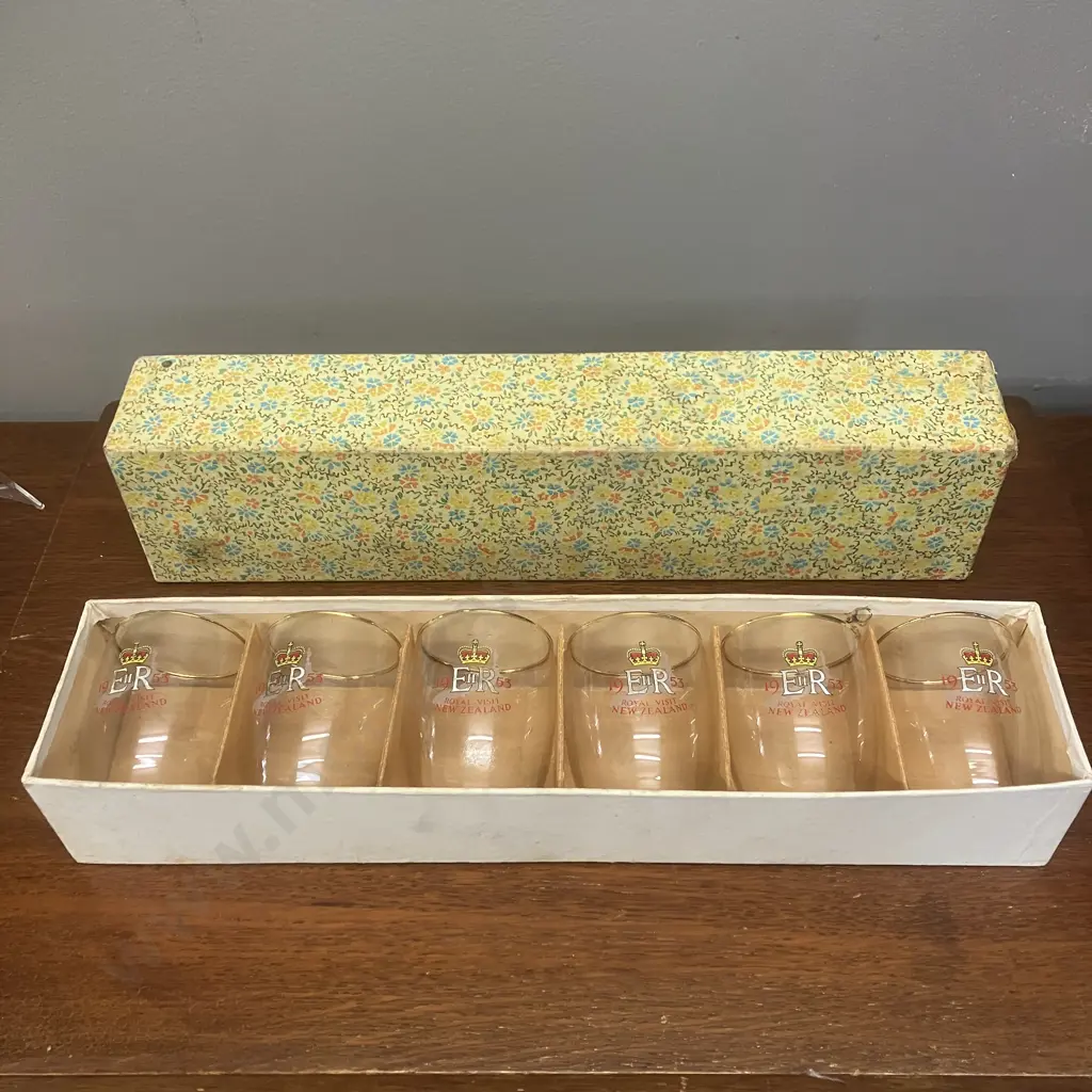 1953 Royal Visit Set of Six Glasses In Original Box Image 1++