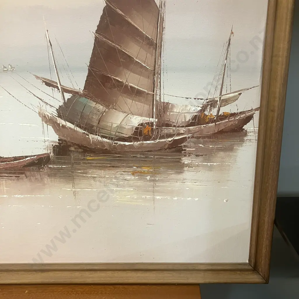 Vintage Chinese Junks Painting. 65.5 x 122cm Image 1++