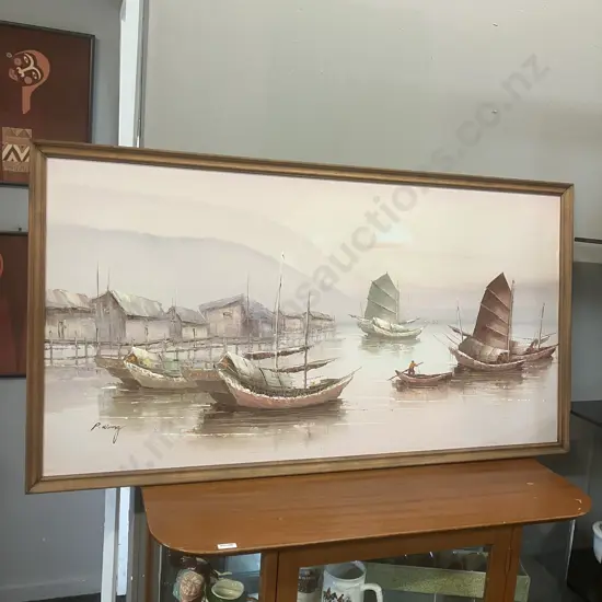 Vintage Chinese Junks Painting. 65.5 x 122cm