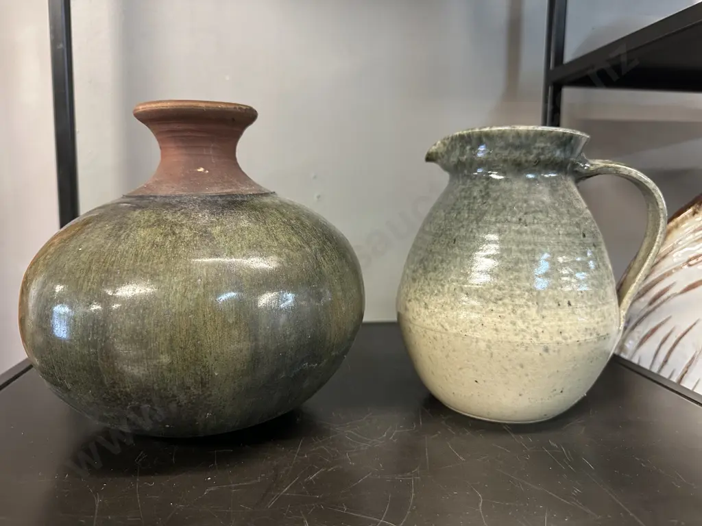 Vintage Pottery Items Including Jug Signed On Base "W" H17.5cm,  Vase 18cm. Image 1++