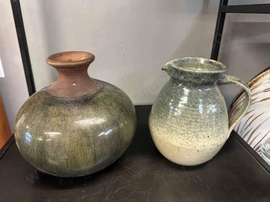 Vintage Pottery Items Including Jug Signed On Base "W" H17.5cm,  Vase 18cm. Image 1++