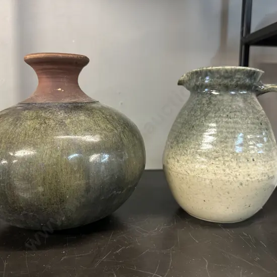 Vintage Pottery Items Including Jug Signed On Base "W" H17.5cm,  Vase 18cm.