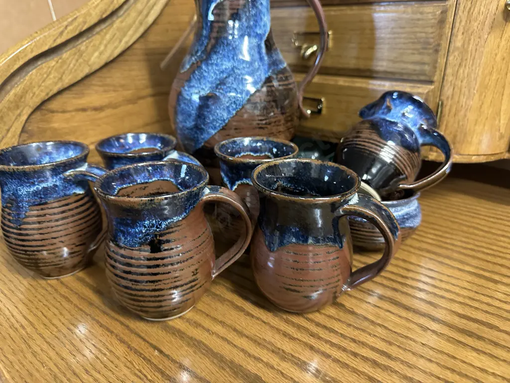 Vintage Pottery Coffee Pot, Mugs, Creamer & Jug Image 1++