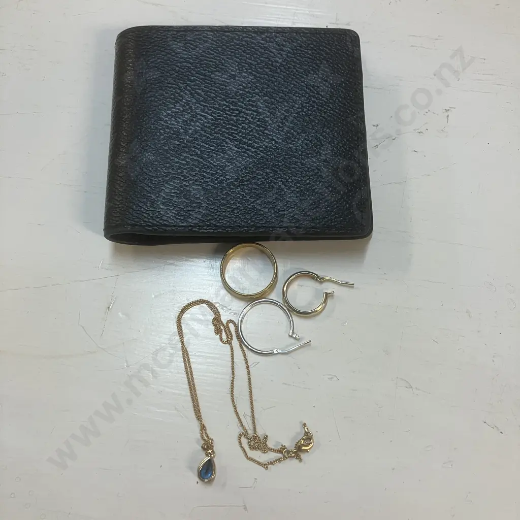 Hoop Earrings, Pendant With Stone & Gold Colour Titanium Ring With Wallet Image 1++