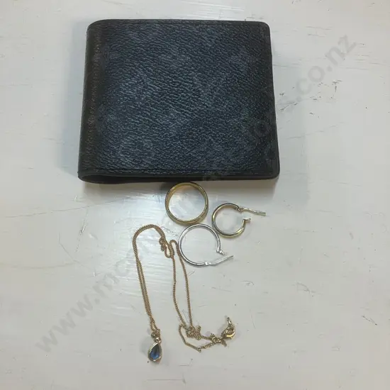 Hoop Earrings, Pendant With Stone & Gold Colour Titanium Ring With Wallet