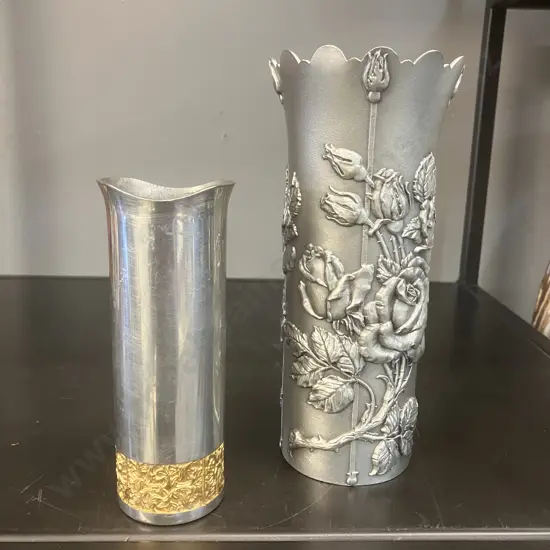 Royal Selangor Pewter Vase With 24K Gold Floral Band 12.5cm. Tumasek Pewter Rose Vase 17cm