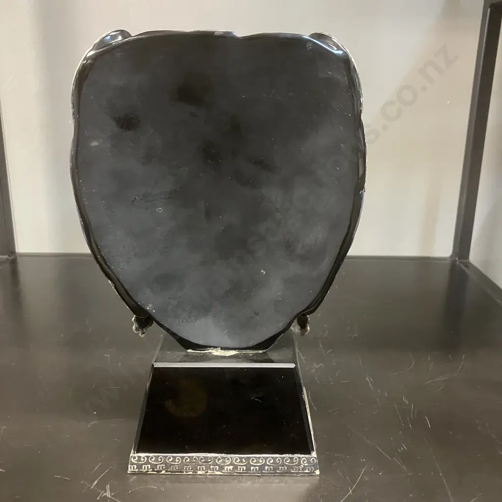 Vintage Black Obsidian Mayan Carved Bust - Inlaid Semi-Precious Stones, Silver Detailing. 21 x 13cm Image 1++