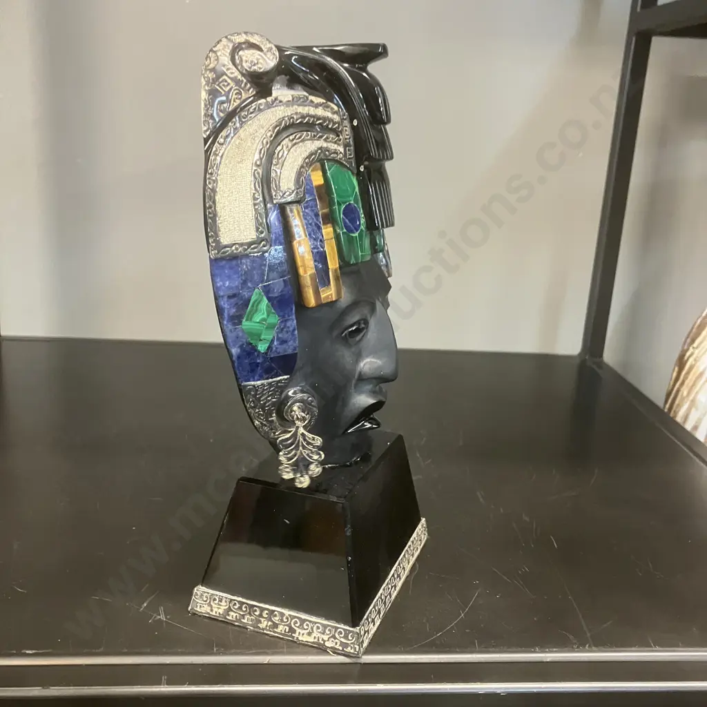 Vintage Black Obsidian Mayan Carved Bust - Inlaid Semi-Precious Stones, Silver Detailing. 21 x 13cm Image 1++