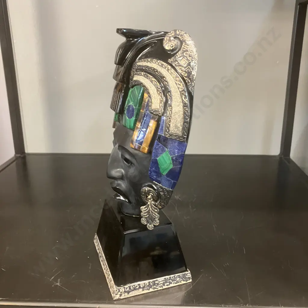 Vintage Black Obsidian Mayan Carved Bust - Inlaid Semi-Precious Stones, Silver Detailing. 21 x 13cm Image 1++