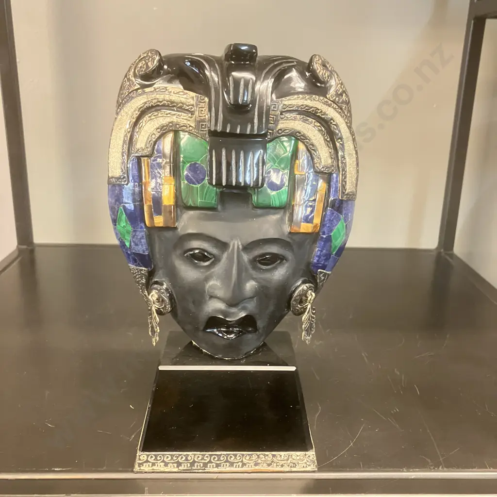 Vintage Black Obsidian Mayan Carved Bust - Inlaid Semi-Precious Stones, Silver Detailing. 21 x 13cm Image 1++