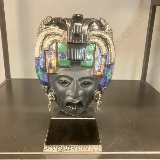 Vintage Black Obsidian Mayan Carved Bust - Inlaid Semi-Precious Stones, Silver Detailing. 21 x 13cm