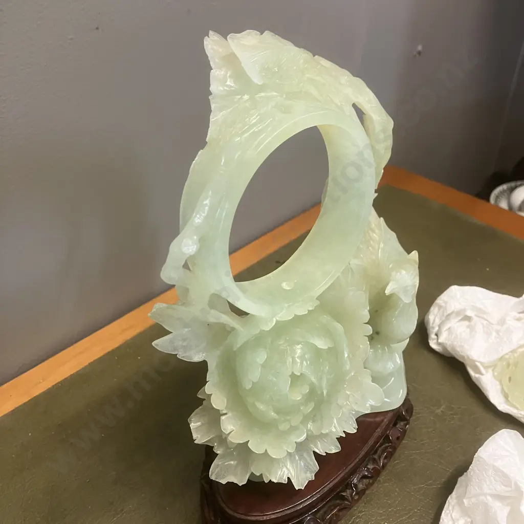 Vintage Chinese Hand Carved Jade Phoenix Peony Sculpture With Carved Stand (Damaged) Image 1++