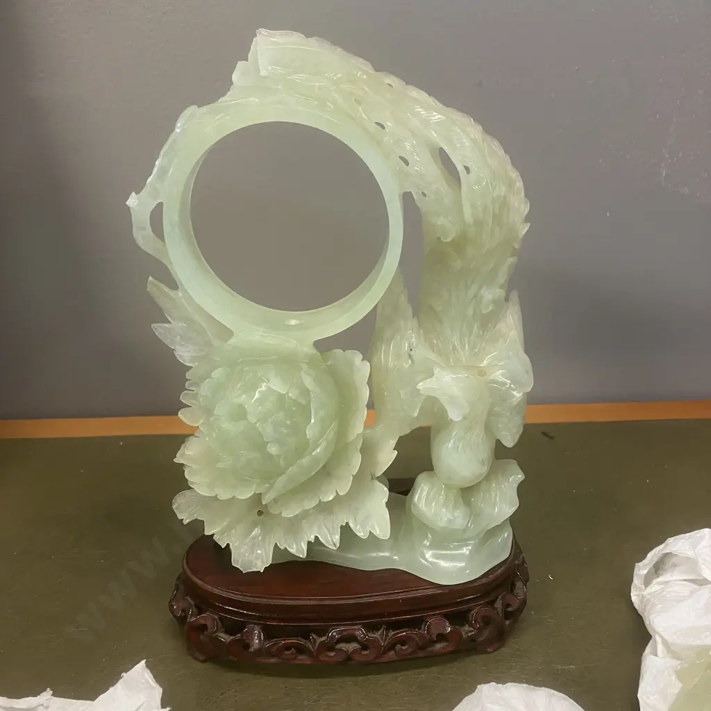 Vintage Chinese Hand Carved Jade Phoenix Peony Sculpture With Carved Stand (Damaged) Image 1++