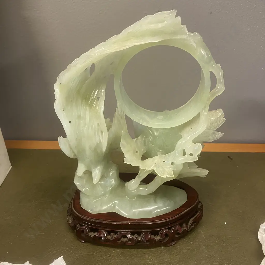 Vintage Chinese Hand Carved Jade Phoenix Peony Sculpture With Carved Stand (Damaged) Image 1++