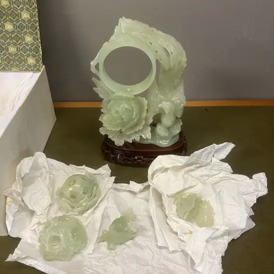 Vintage Chinese Hand Carved Jade Phoenix Peony Sculpture With Carved Stand (Damaged)