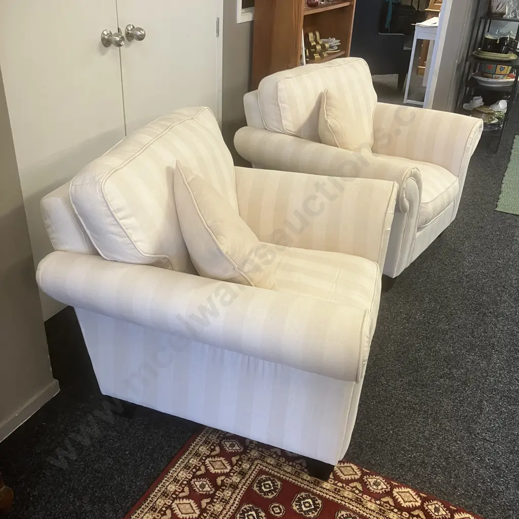 Pair of White / Cream Linen Fabric Rolled Arm Lounge Chairs Image 1++