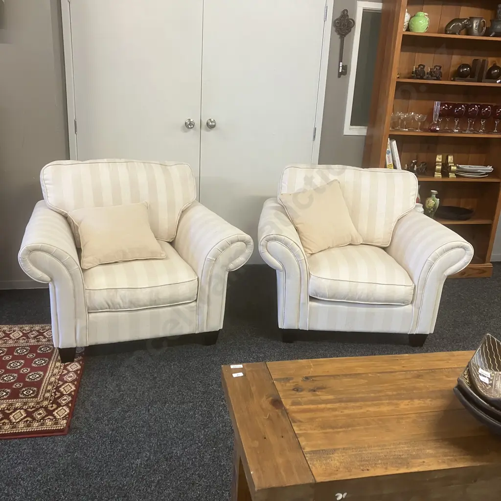 Pair of White / Cream Linen Fabric Rolled Arm Lounge Chairs Image 1++