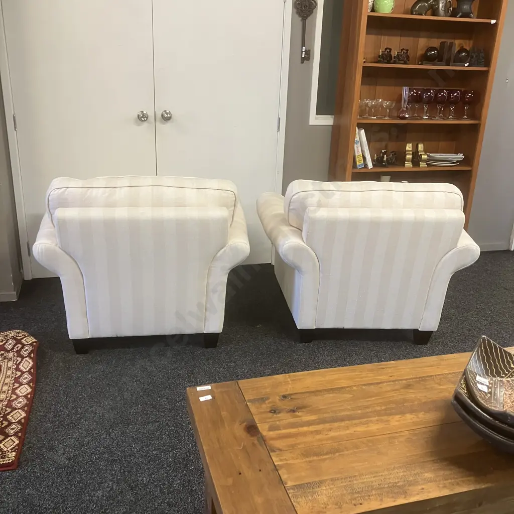 Pair of White / Cream Linen Fabric Rolled Arm Lounge Chairs Image 1++