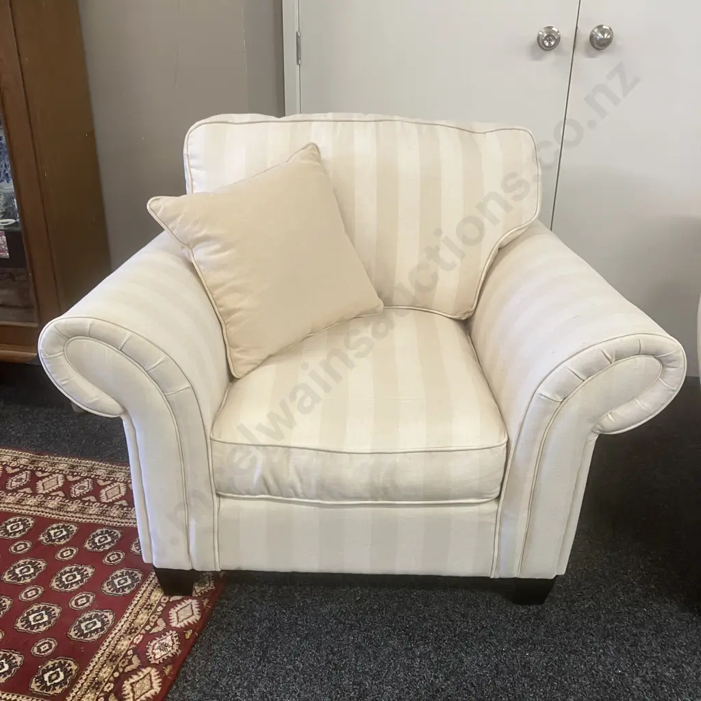 Pair of White / Cream Linen Fabric Rolled Arm Lounge Chairs Image 1++