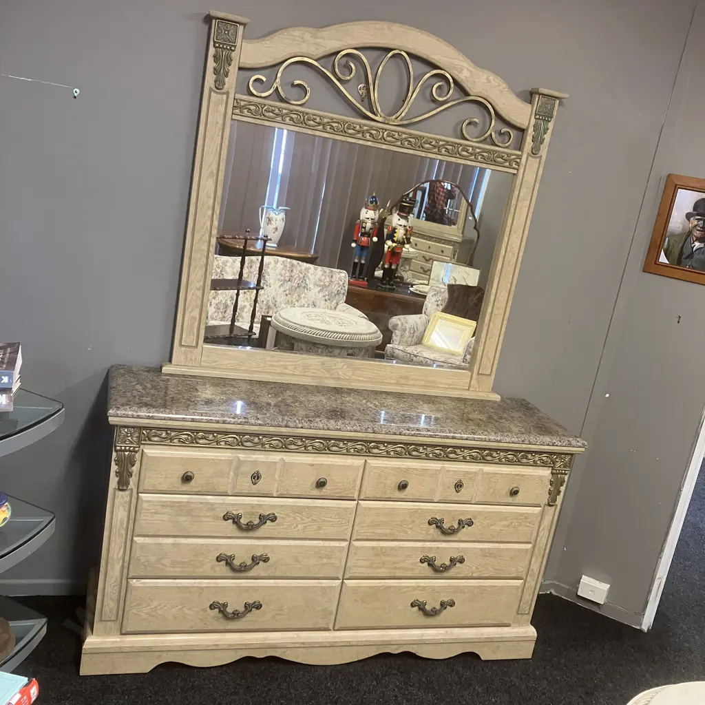 Ashley White Oak 8 Drawer Dresser With Mirror, Faux Marble Top, Ornate Antiqued Finish Hardware & Scroll Moulding Image 1++