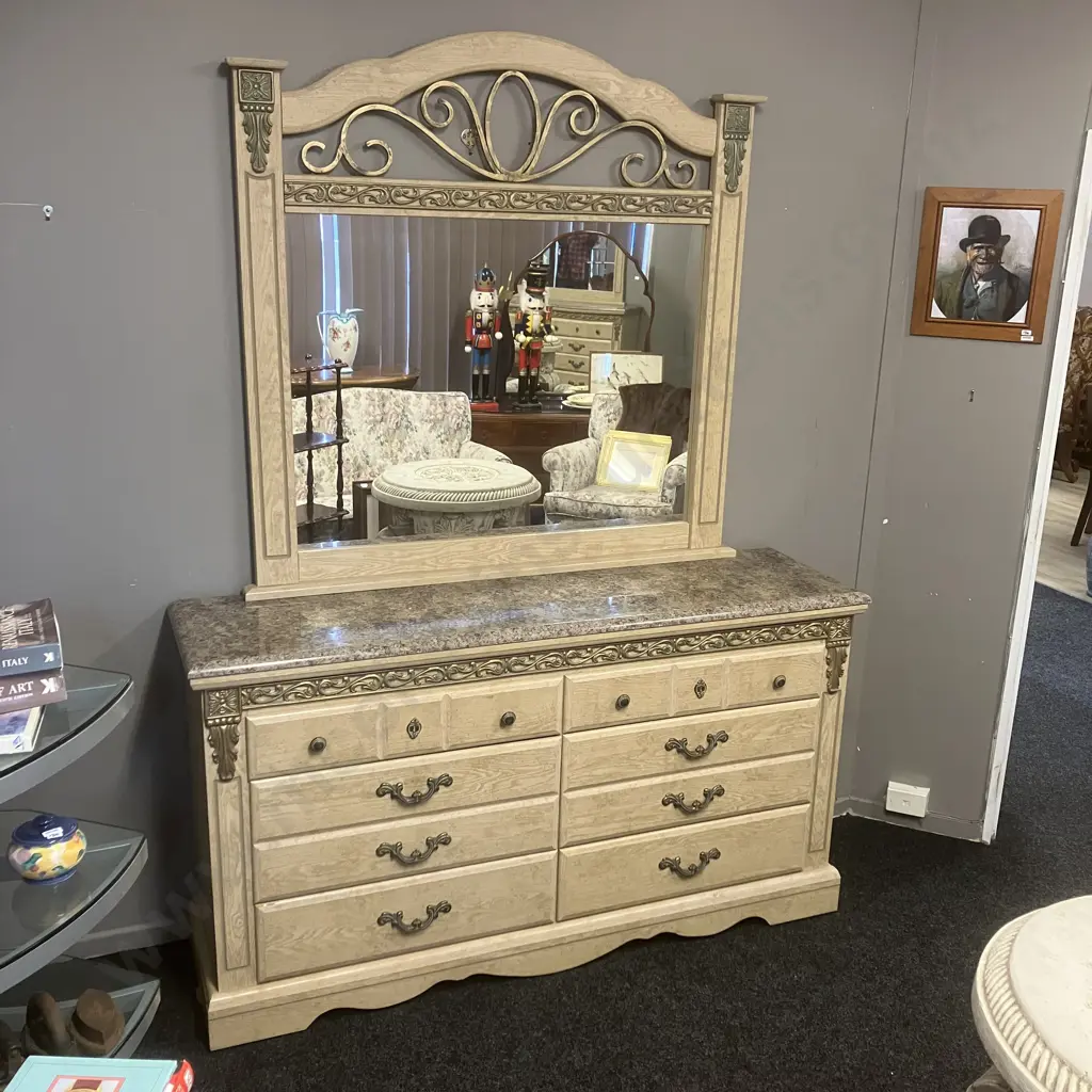 Ashley White Oak 8 Drawer Dresser With Mirror, Faux Marble Top, Ornate Antiqued Finish Hardware & Scroll Moulding Image 1++