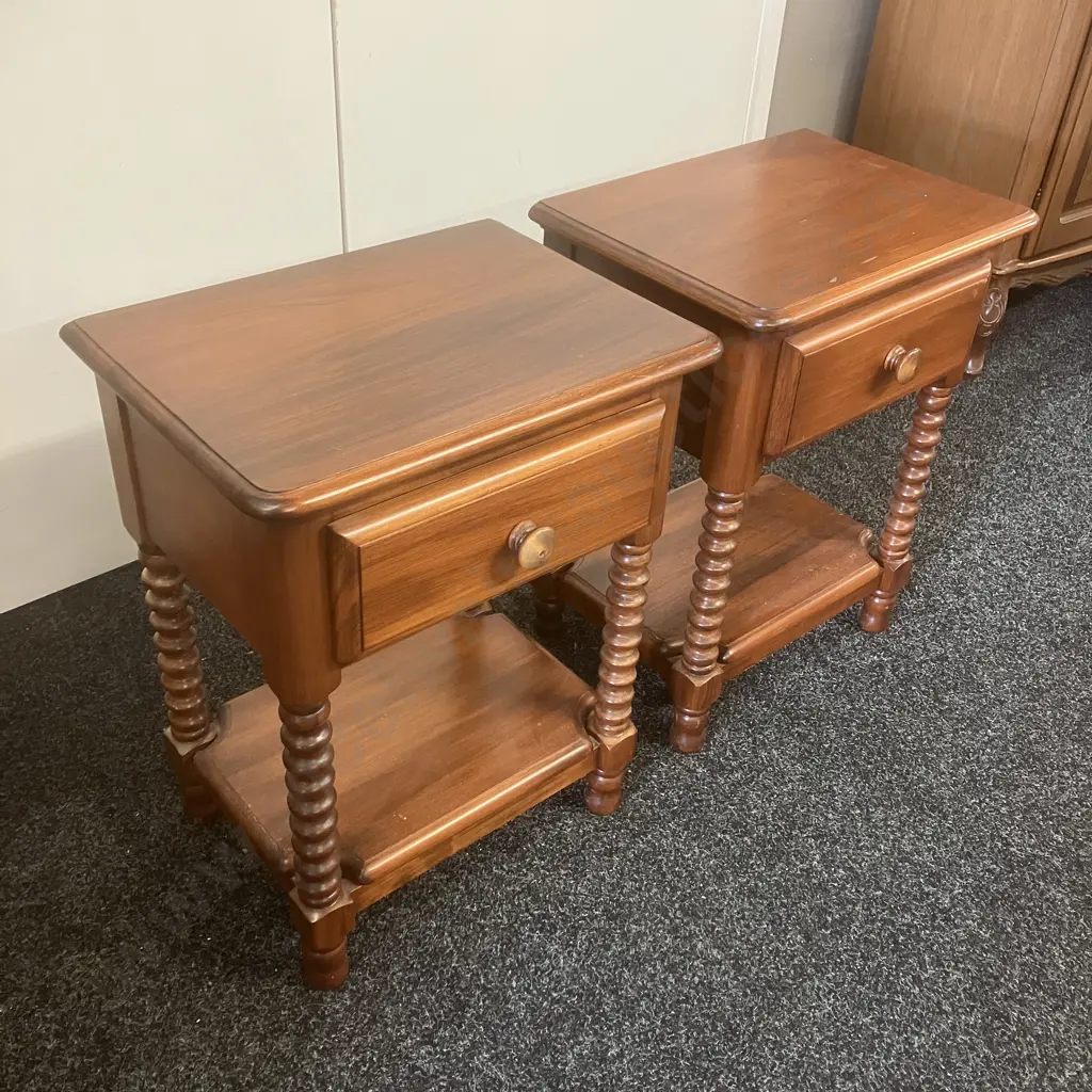 Pair of Kauri Single Drawer Bedsides, 4 Turned Supports & Bottom Shelf. H59 W45 D33cm Image 1++