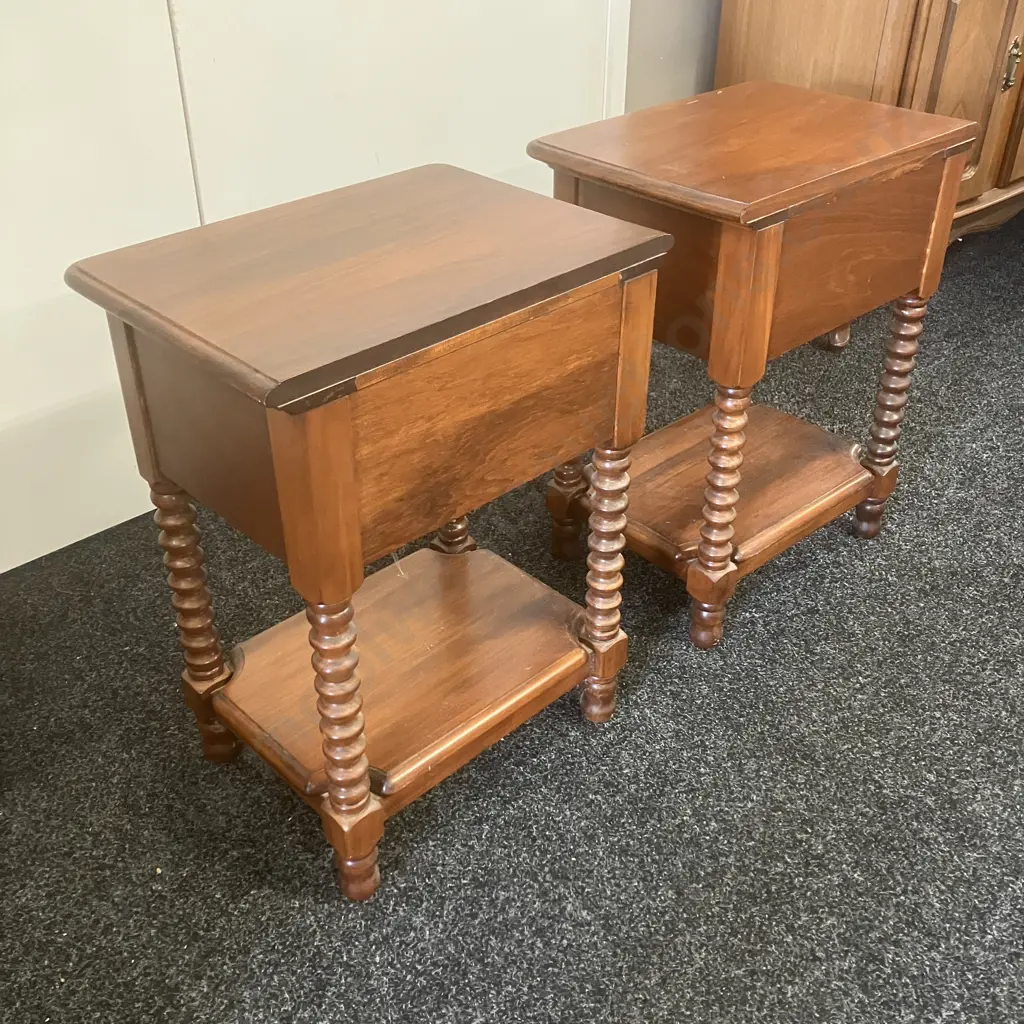 Pair of Kauri Single Drawer Bedsides, 4 Turned Supports & Bottom Shelf. H59 W45 D33cm Image 1++