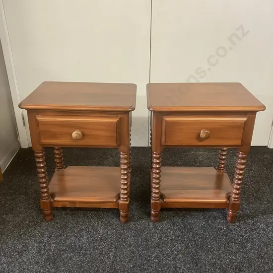 Pair of Kauri Single Drawer Bedsides, 4 Turned Supports & Bottom Shelf. H59 W45 D33cm