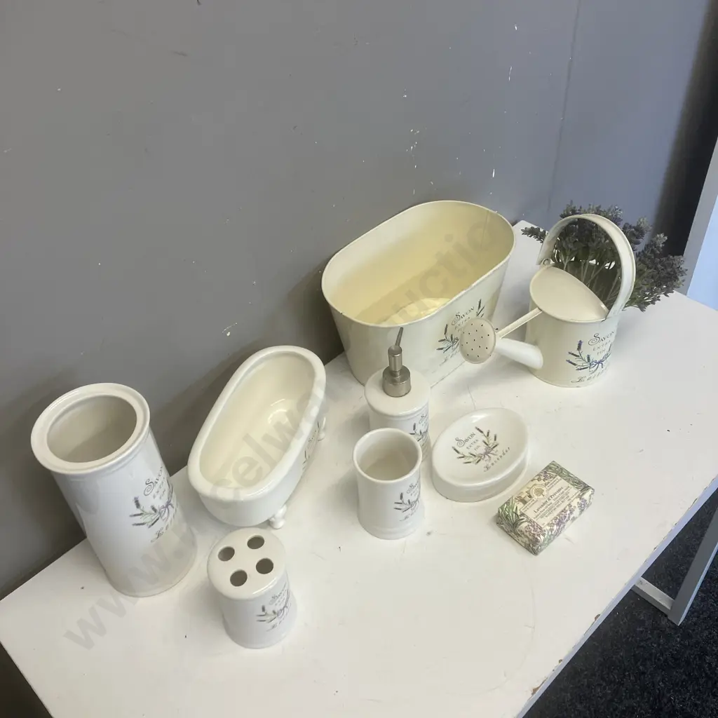 Savon Extra Fin French Style Ceramic Bathroom Set, Lavender Soap, Tin Watering Can, Faux Flowers & Waste Paper Basket Image 1++