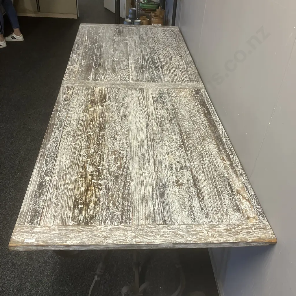 Large French Wrought Iron Table With a White Washed Wooden Top. H77 W240 D90cm Image 1++