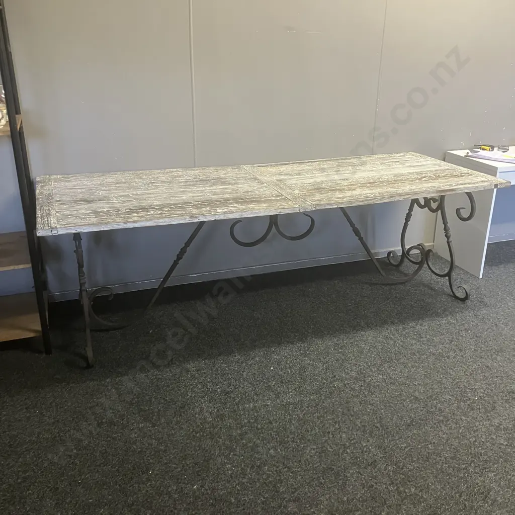 Large French Wrought Iron Table With a White Washed Wooden Top. H77 W240 D90cm Image 1++