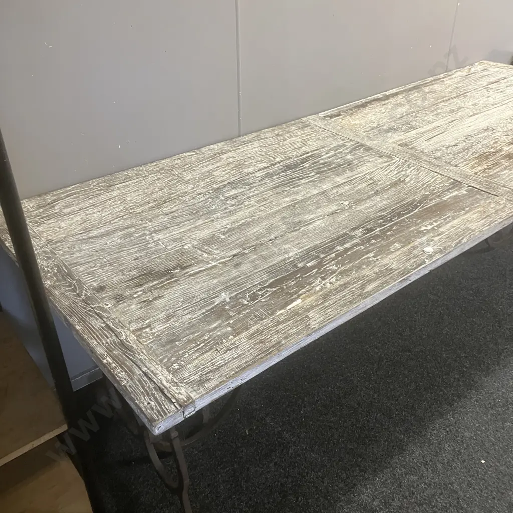 Large French Wrought Iron Table With a White Washed Wooden Top. H77 W240 D90cm Image 1++
