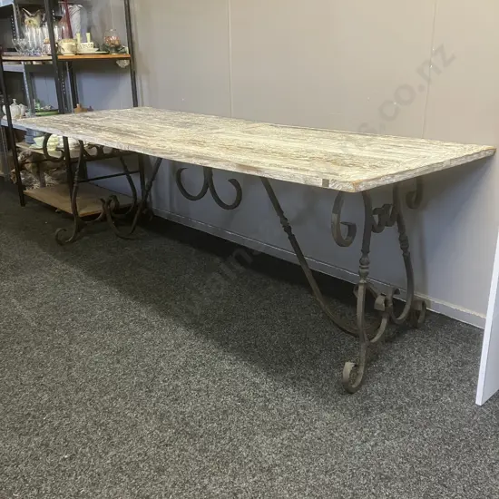Large French Wrought Iron Table With a White Washed Wooden Top. H77 W240 D90cm